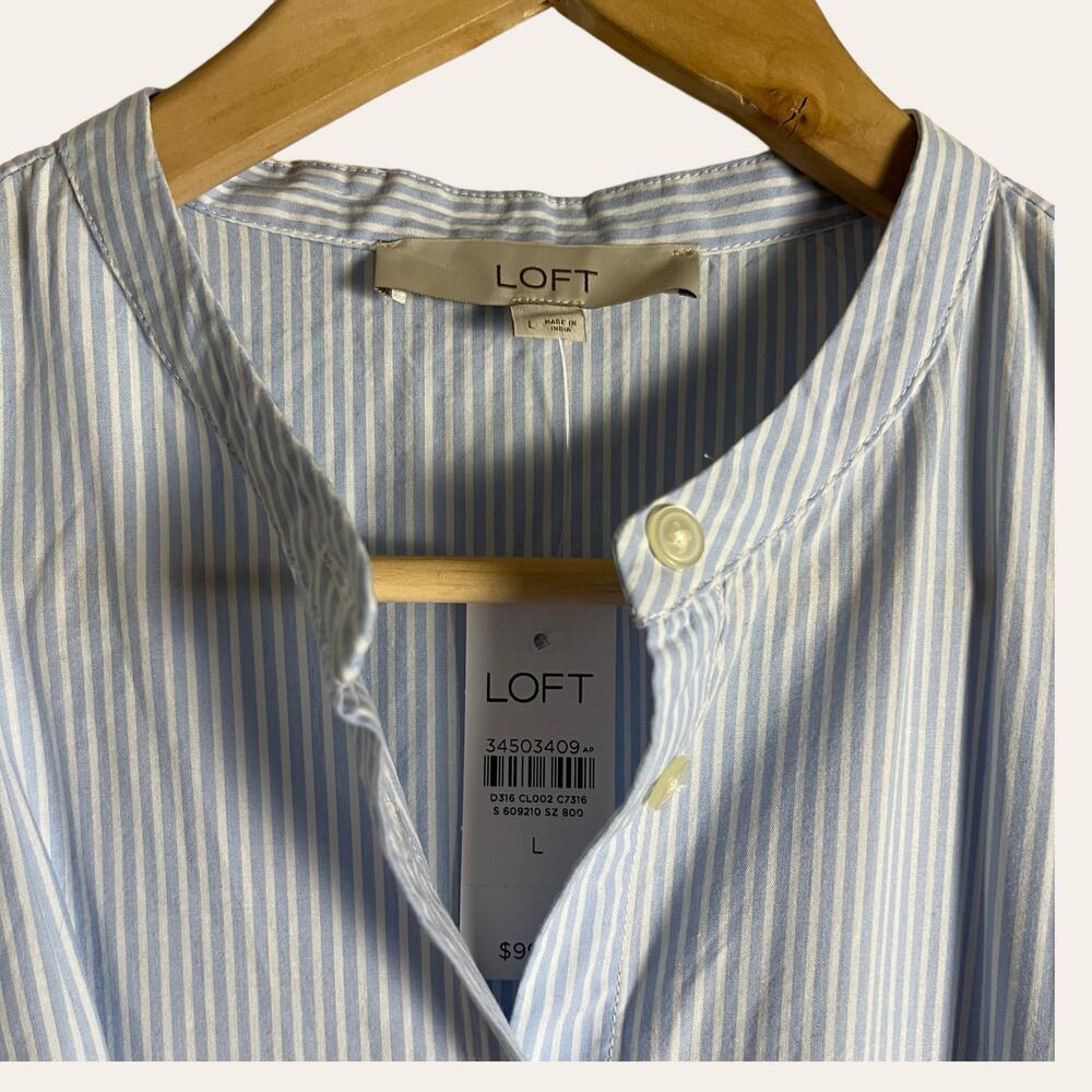 LOFT Blue Stripe Embroidered Eyelet Cotton Mini Shirtdress Size Large - Picture 6 of 15
